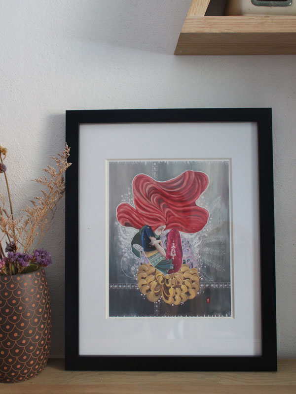 Fragile et forte, peinture de la renaissance d’une femme sur une fleur d’or