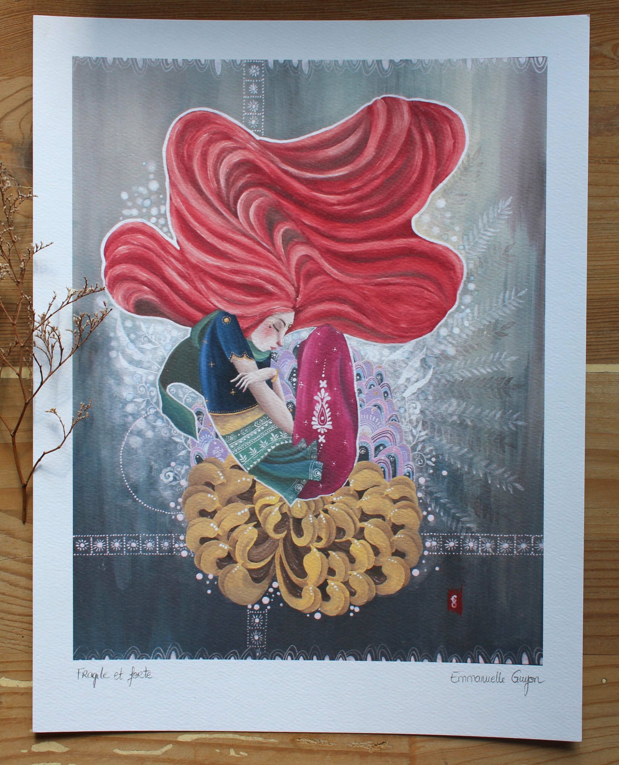 Fragile et forte, peinture de la renaissance d’une femme sur une fleur d’or