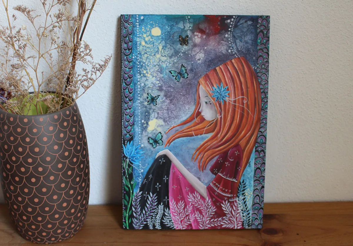 Métamorphose, Peinture d’une femme et des papillons, entre ombre et lumière