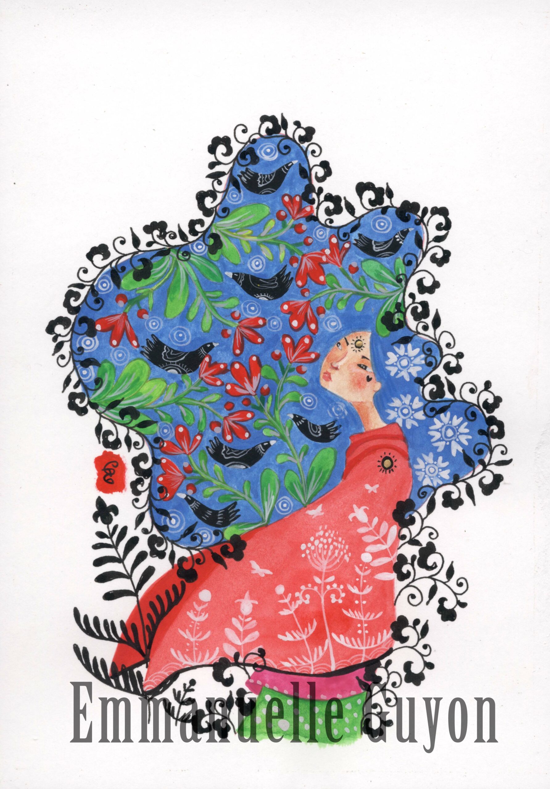 Oiseaux, peinture s’une femme en harmonie avec la nature et le mysticisme des cycles de vie