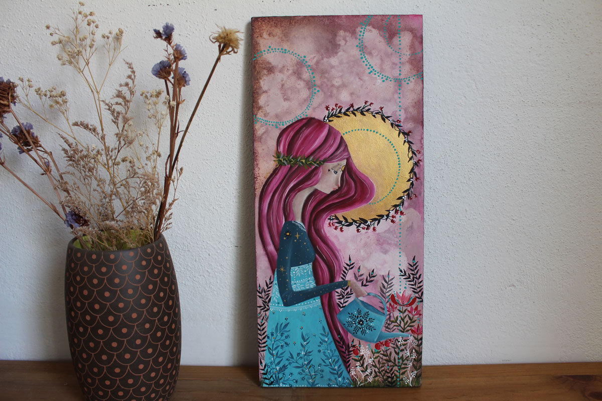 Ton jardin, peinture d’une femme cultivant son jardin intérieur